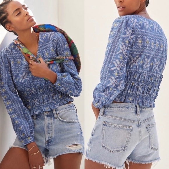 NWT Anthropologie Forever That Girl Embroidered Smocked Long Sleeve Blouse - Picture 1 of 8